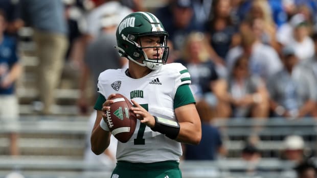 Ohio Bobcats quarterback Kurtis Rourke (7) drops back in the pocket during the first quarter against the Penn State Nittany Lions at Beaver Stadium.